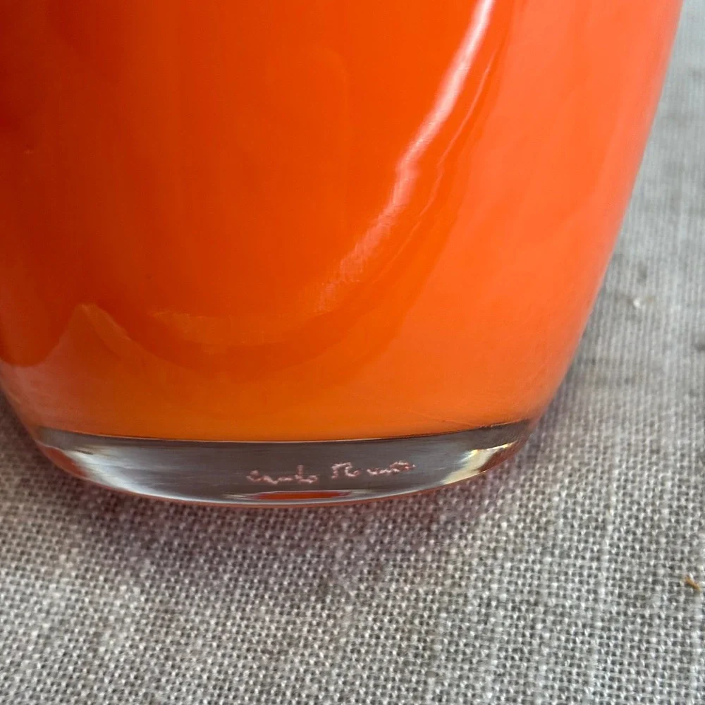 Carlo Moretti Murano Italy Cased Glass Orange Olive Green Tumbler Vase 3.5